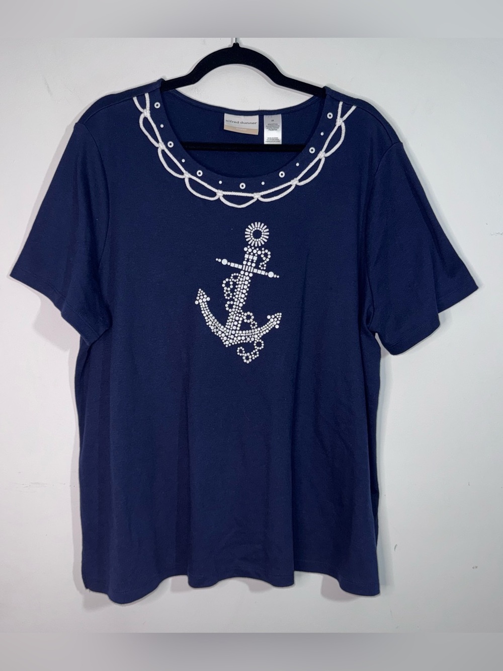 Alfred Dunner Nautical Anchor Embellished Top 2X Navy Rope Trim Short Sleeve
